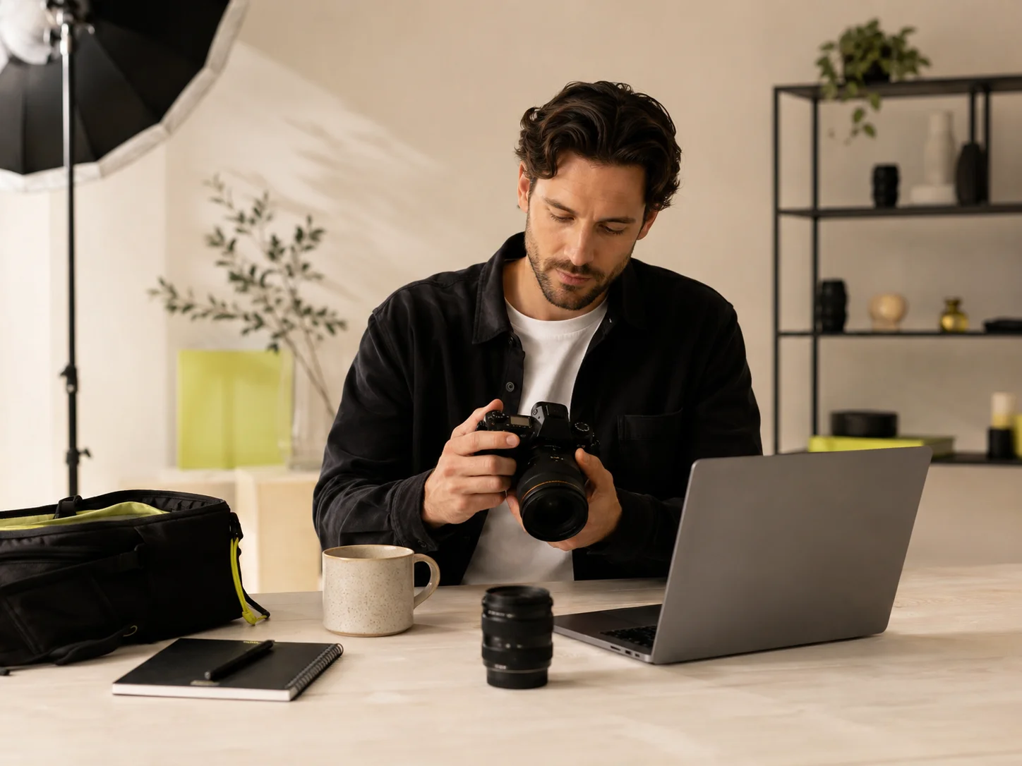 Creator workspace with camera, lenses, laptop and notebook — gear and tools used for content work