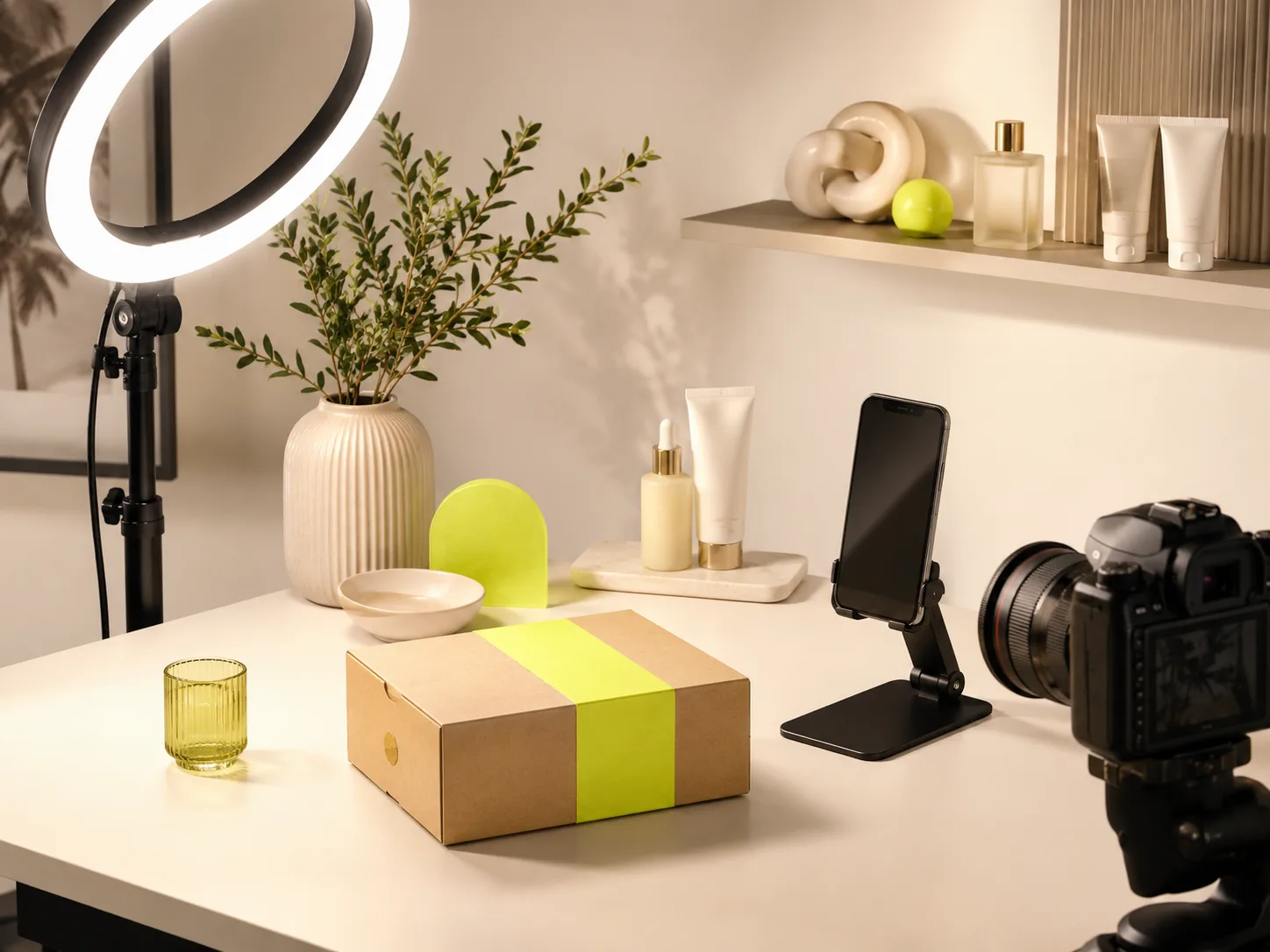 Creator content setup with camera and lighting — subscription platform income and business records
