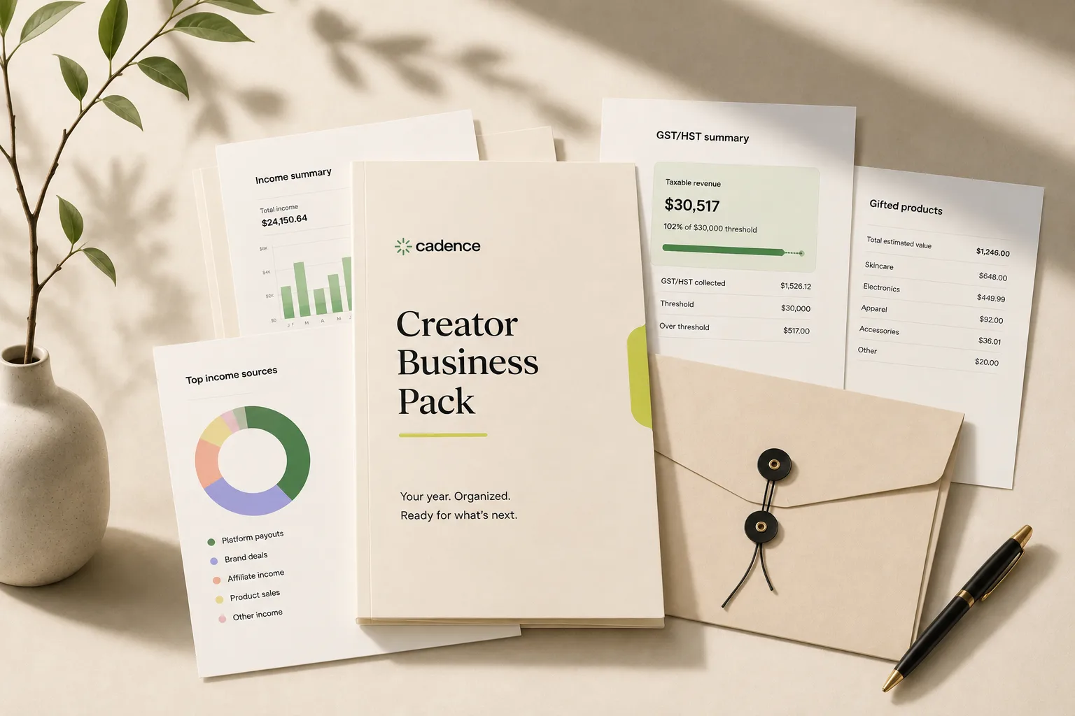 A creator's flatlay of contracts, receipts and a laptop — the kind of records the CRA expects to see