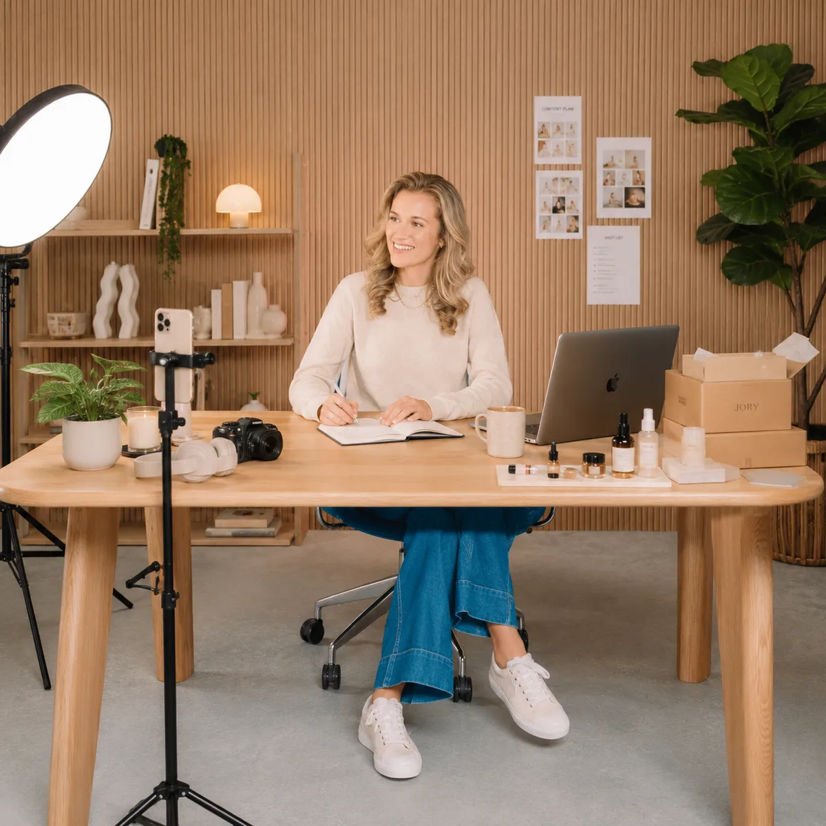 Influencer's studio with PR boxes, skincare products, and a phone on a tripod — the business behind brand deals