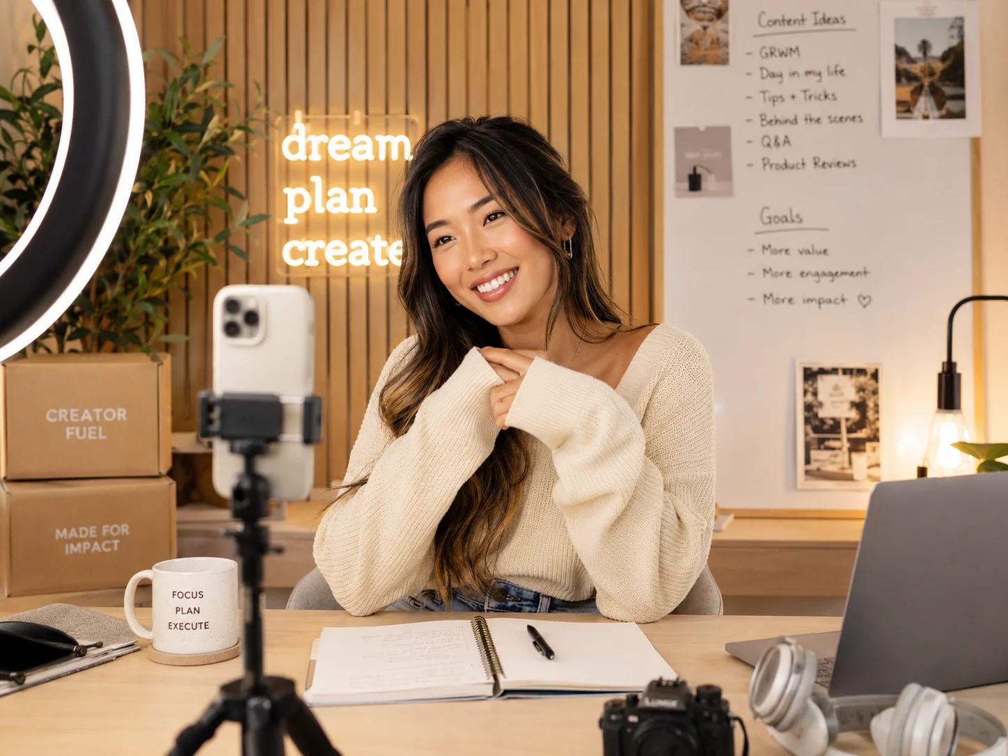 Canadian TikTok creator recording with a phone on a tripod, ring light, and content-planning whiteboard in a home studio