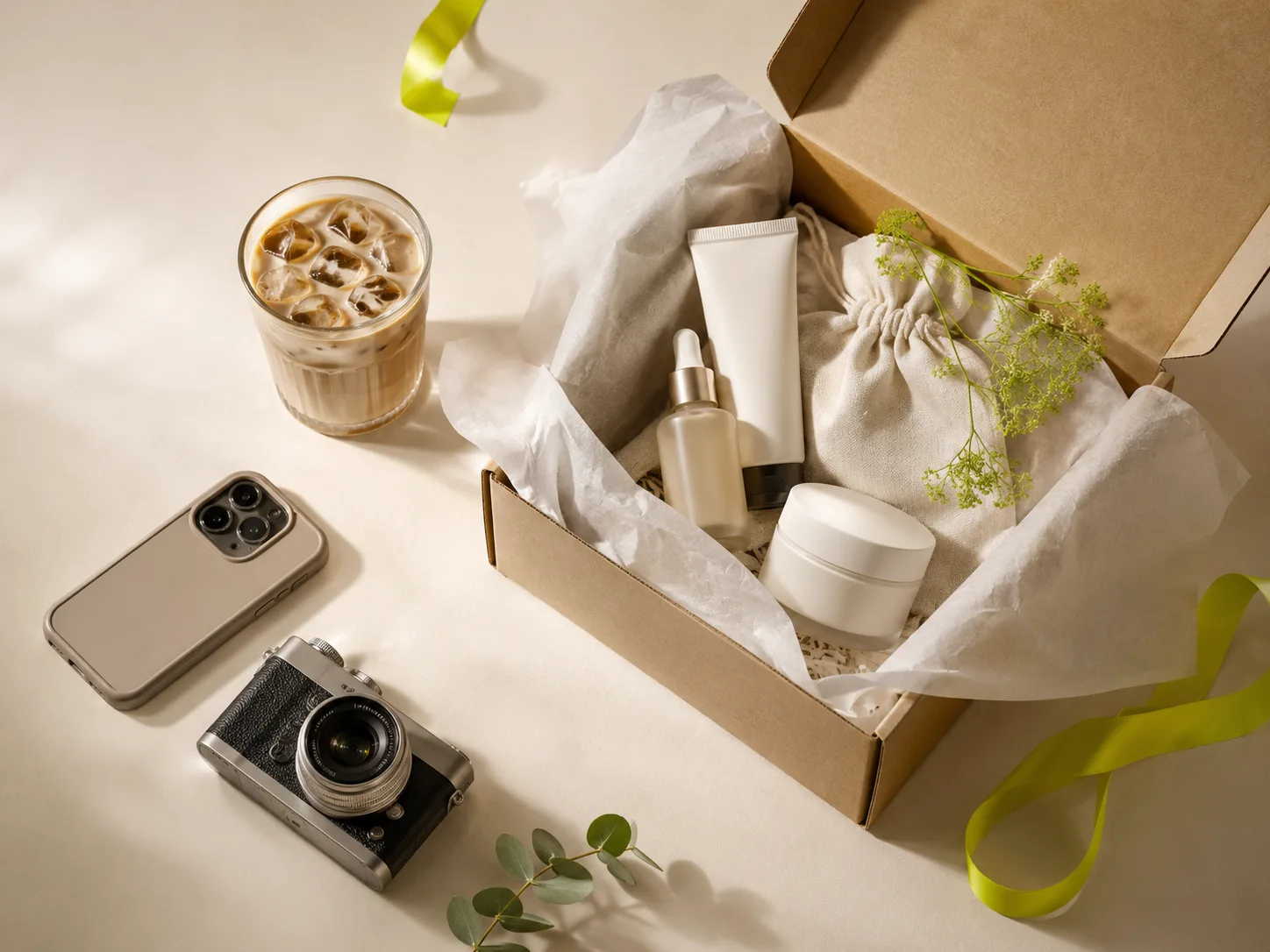 Creator unboxing a gifted PR package at a desk with a phone on a tripod recording