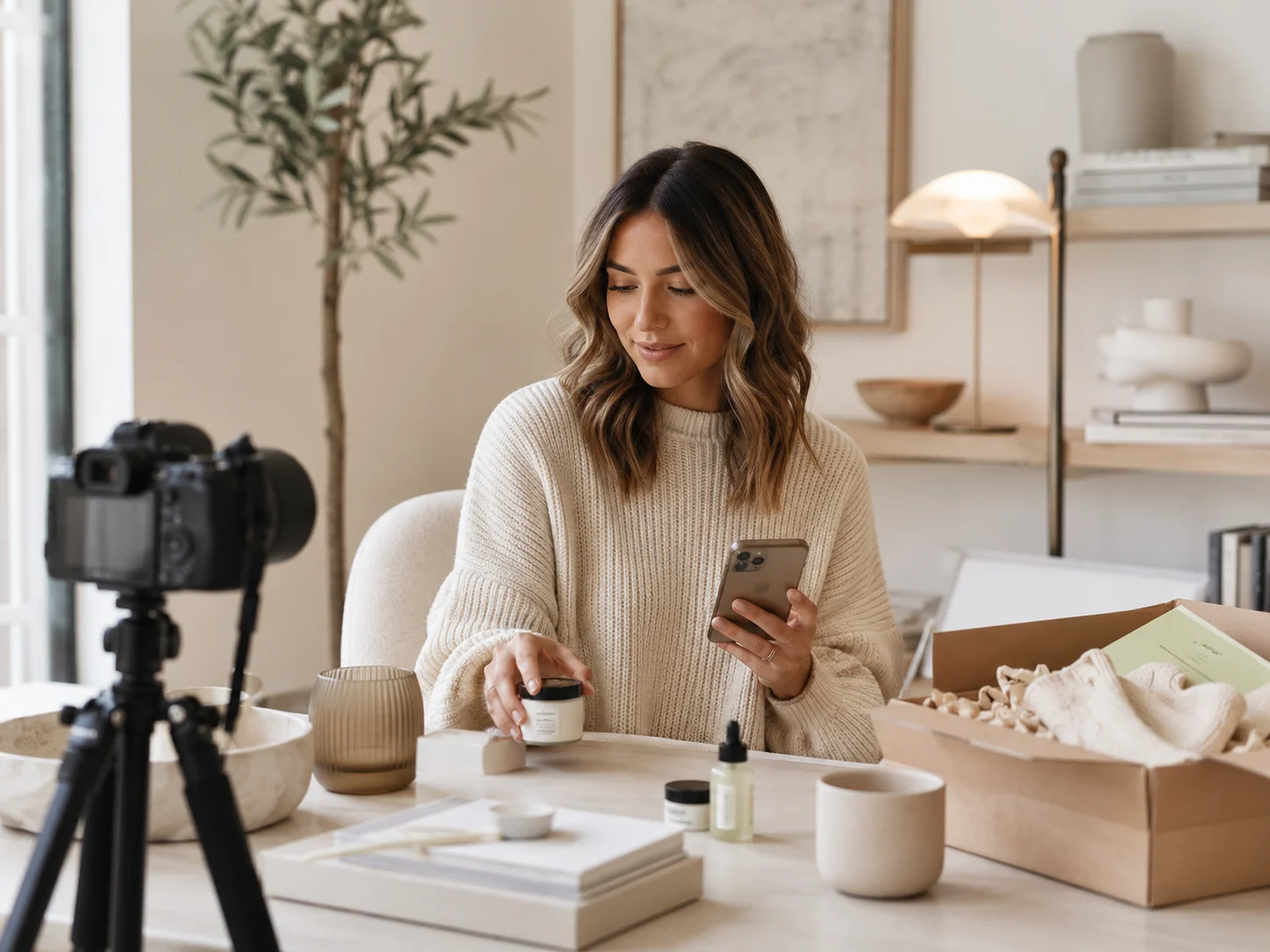 Creator filming a skincare PR unboxing with camera, shipping box and products on a clean desk