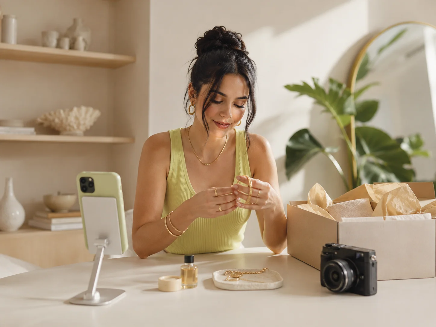 Creator at a desk reviewing jewelry and products from brand partnerships — income that may count toward GST/HST